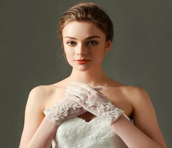 short white ivory tulle wedding gloves wrist length lace appliqued beaded woman bridal party sheer gloves guantes transparentes3832302